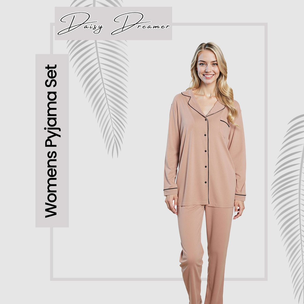 Daisy Dreamer Womens Natural Pyjama Set Soft Touch Fabric Long Sleeve Top And Bottoms Two Piece Nightwear For Comfortable Sleep