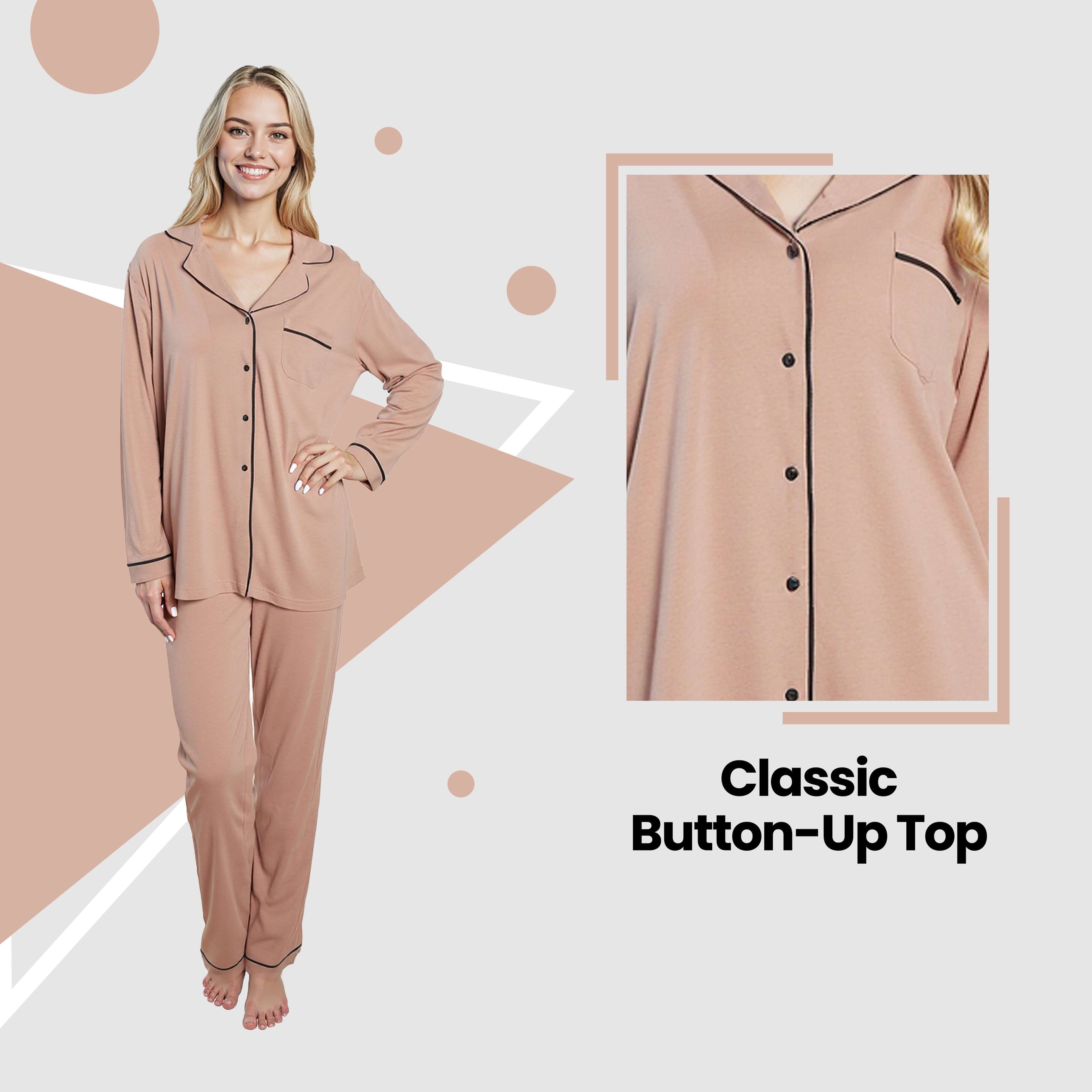 Daisy Dreamer Womens Natural Pyjama Set Soft Touch Fabric Long Sleeve Top And Bottoms Two Piece Nightwear For Comfortable Sleep