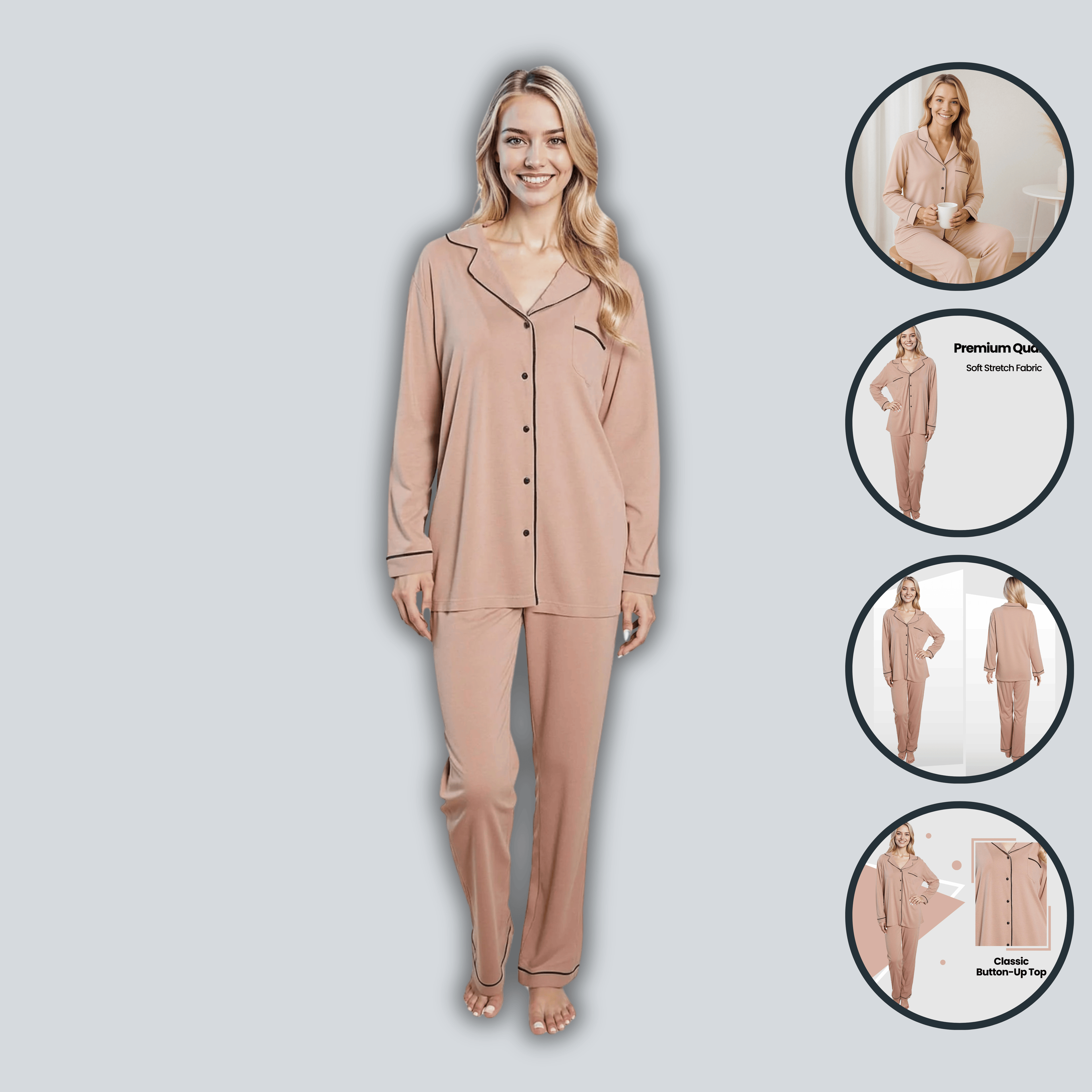 Daisy Dreamer Womens Natural Pyjama Set Soft Touch Fabric Long Sleeve Top And Bottoms Two Piece Nightwear For Comfortable Sleep
