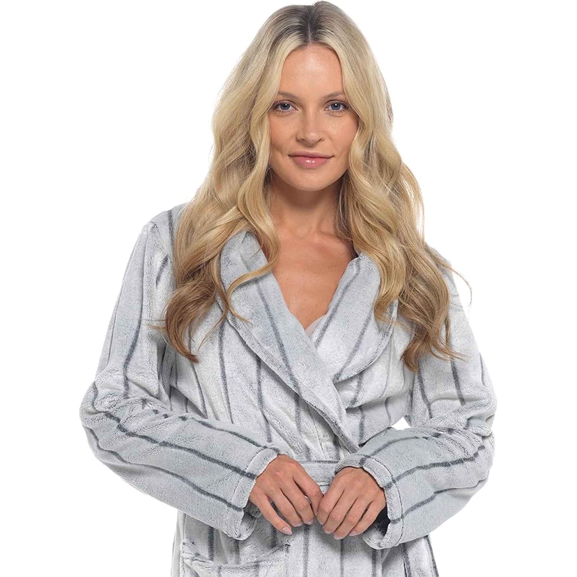 Daisy Dreamer Women's Ultra Soft Velvet Fleece Cozy Hooded Bathrobe With Shawl Collar Shadow Stripe Grey Charcoal All Sizes