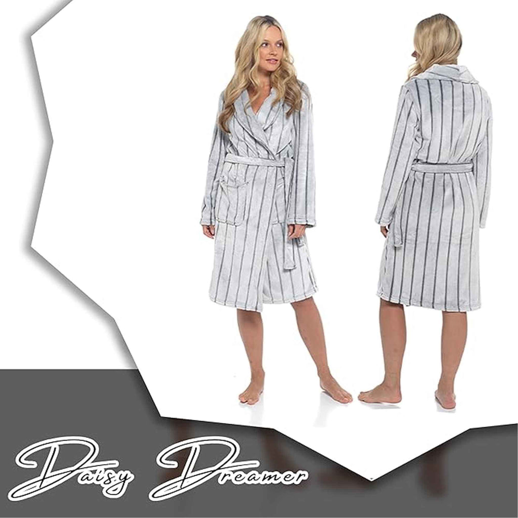 Daisy Dreamer Women's Ultra Soft Velvet Fleece Cozy Hooded Bathrobe With Shawl Collar Shadow Stripe Grey Charcoal All Sizes