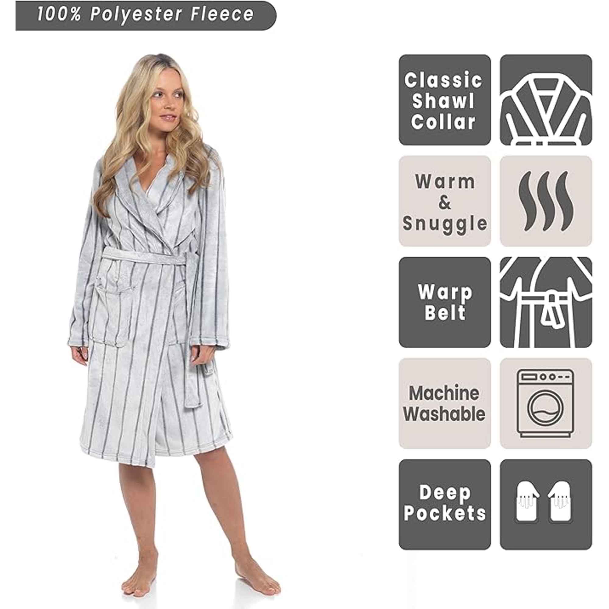 Daisy Dreamer Women's Ultra Soft Velvet Fleece Cozy Hooded Bathrobe With Shawl Collar Shadow Stripe Grey Charcoal All Sizes